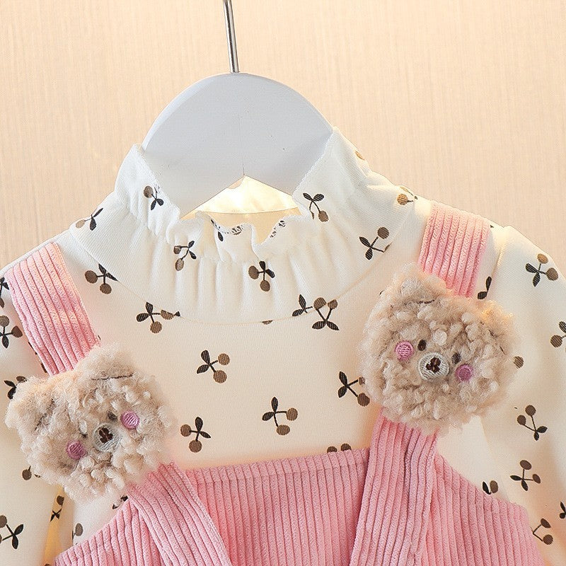 Girls' Long Sleeve Cute Cherry Bear Dress