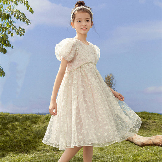 Summer Girls Puff Sleeve Dress Older Children Girls Organza Round Neck A-line Skirt