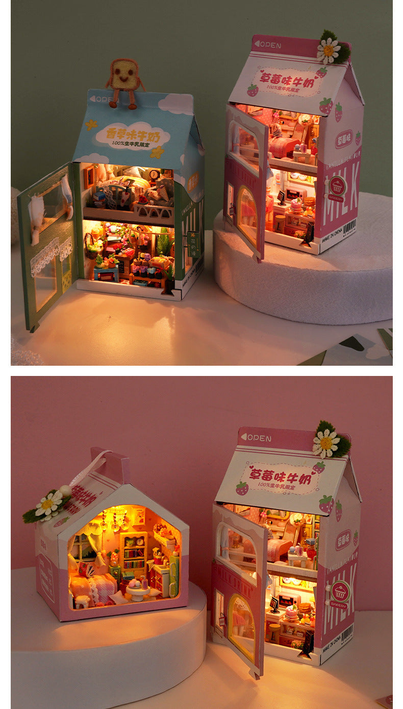 Diy Handmade Cottage Milk Carton Small Night Lamp Miniature Scene House Building Model Toys