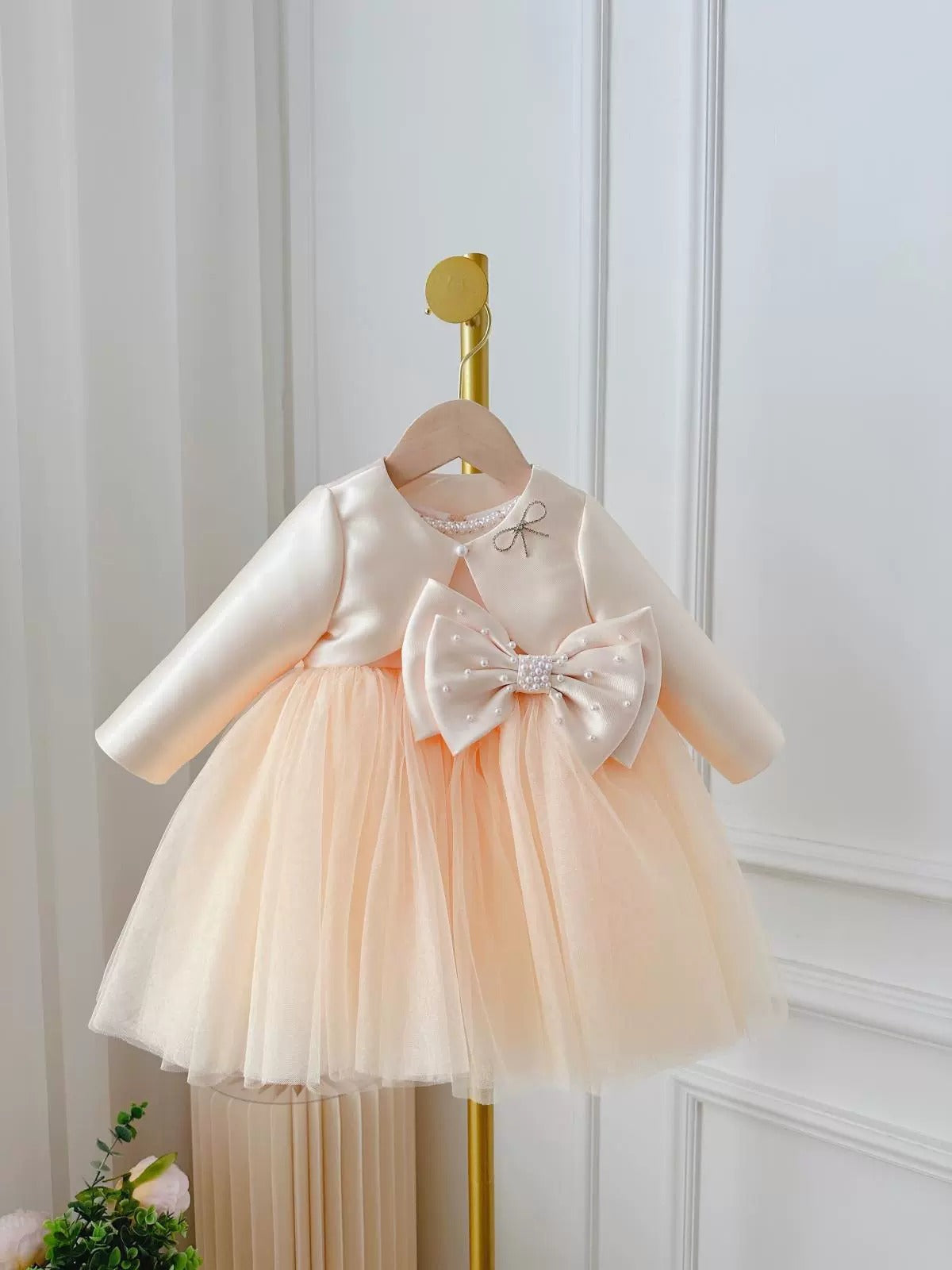 Children's Dress Girls' Summer Long-sleeve Coat Pettiskirt Champagne Big Bow High-waisted Gauzy