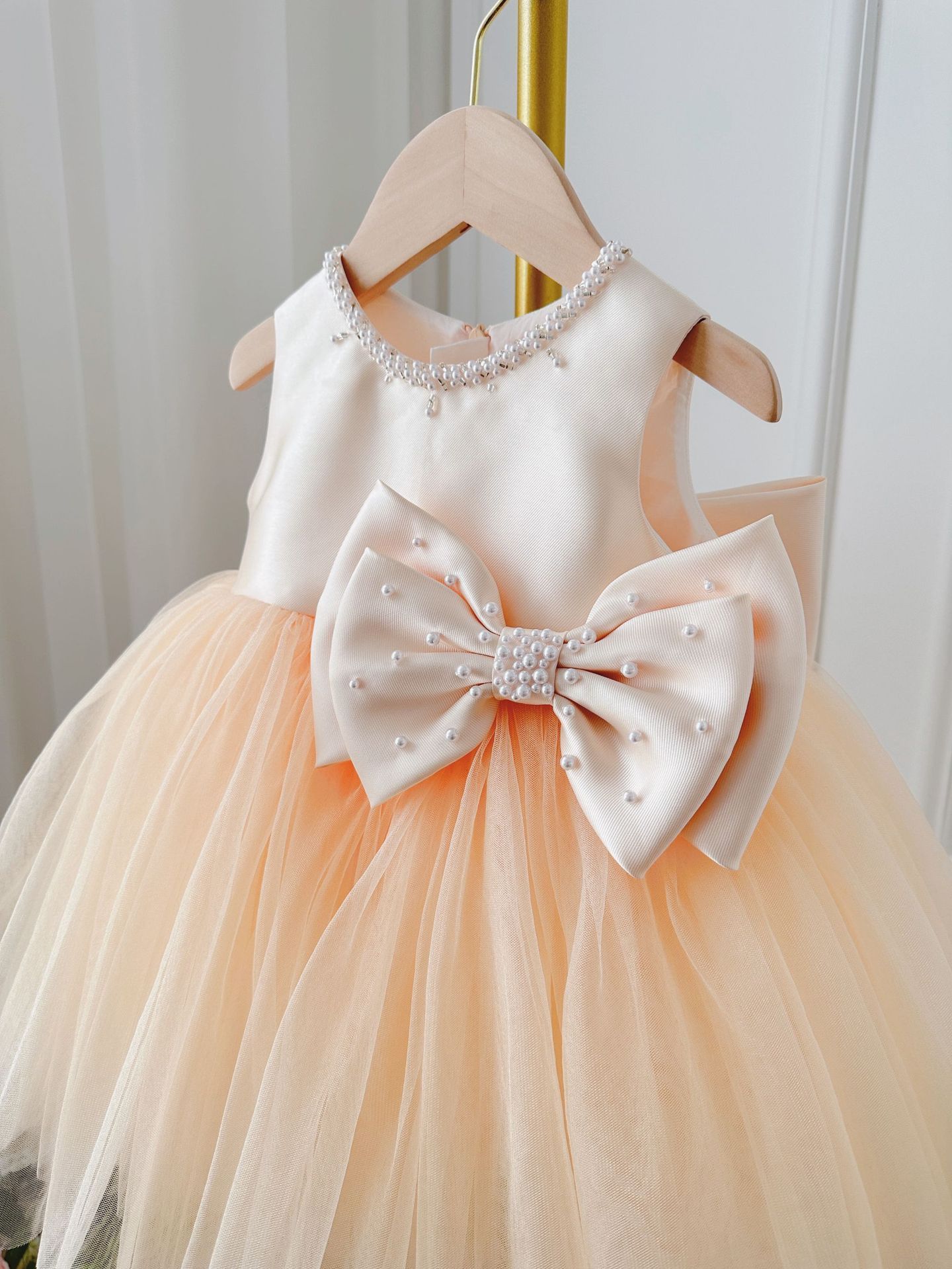 Children's Dress Girls' Summer Long-sleeve Coat Pettiskirt Champagne Big Bow High-waisted Gauzy