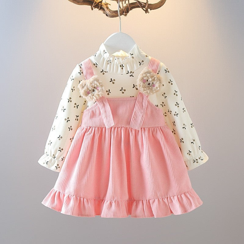 Girls' Long Sleeve Cute Cherry Bear Dress