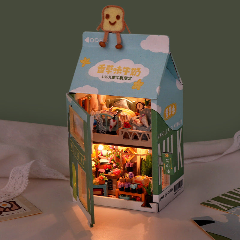 Diy Handmade Cottage Milk Carton Small Night Lamp Miniature Scene House Building Model Toys