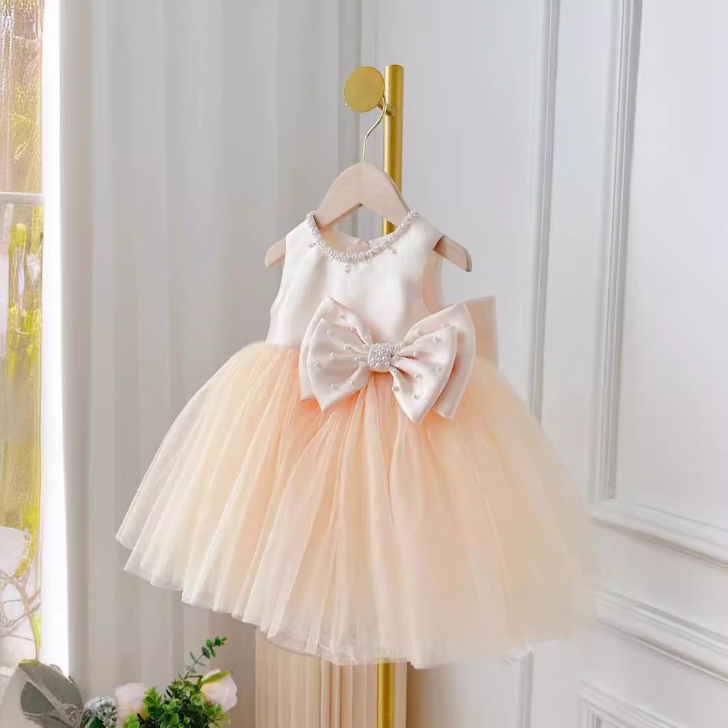 Children's Dress Girls' Summer Long-sleeve Coat Pettiskirt Champagne Big Bow High-waisted Gauzy