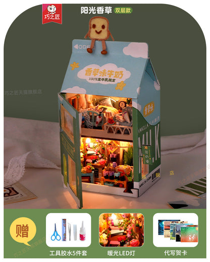 Diy Handmade Cottage Milk Carton Small Night Lamp Miniature Scene House Building Model Toys