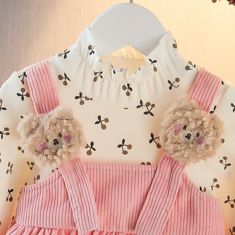 Girls' Long Sleeve Cute Cherry Bear Dress