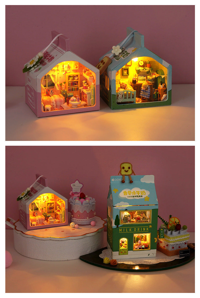 Diy Handmade Cottage Milk Carton Small Night Lamp Miniature Scene House Building Model Toys